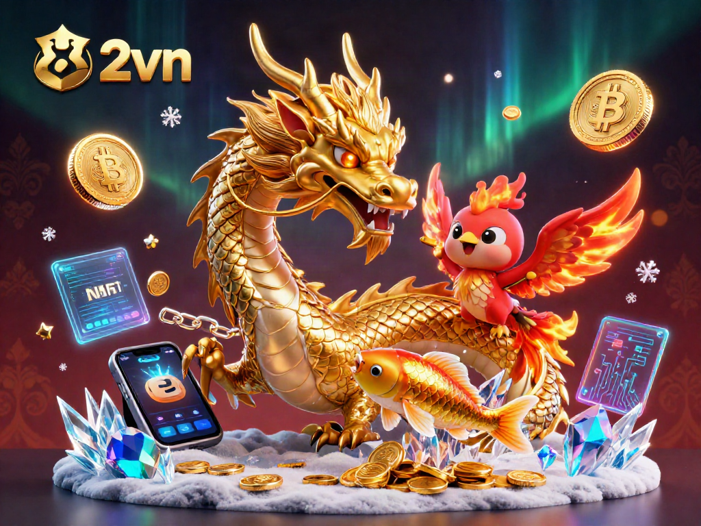 Engage with 82vn's thrilling casino experience featuring a dragon, phoenix, and koi fish amidst crypto elements.