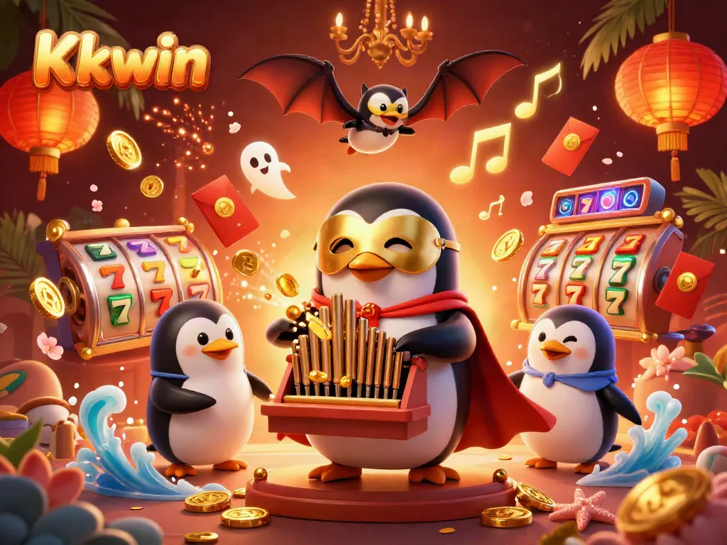Kkwin: Play slots and win jackpots in this vibrant 3D casino illustration featuring energetic characters.