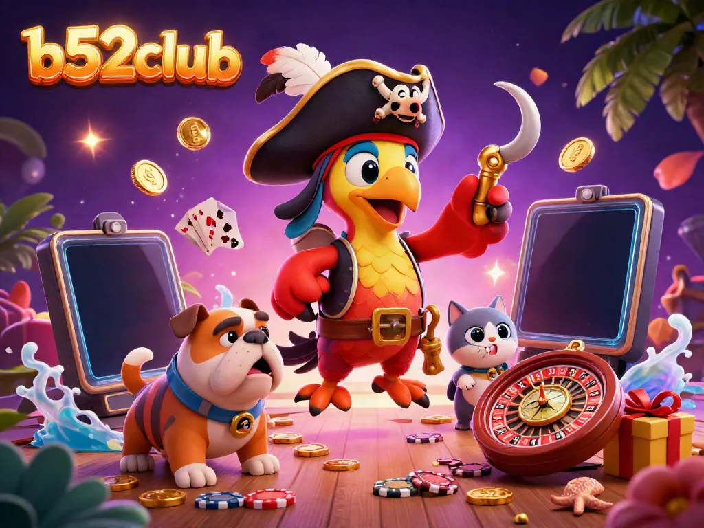 Players explore vibrant casino action at b52club, featuring a pirate captain, bulldog, and ship's cat amidst slot games and treasure.