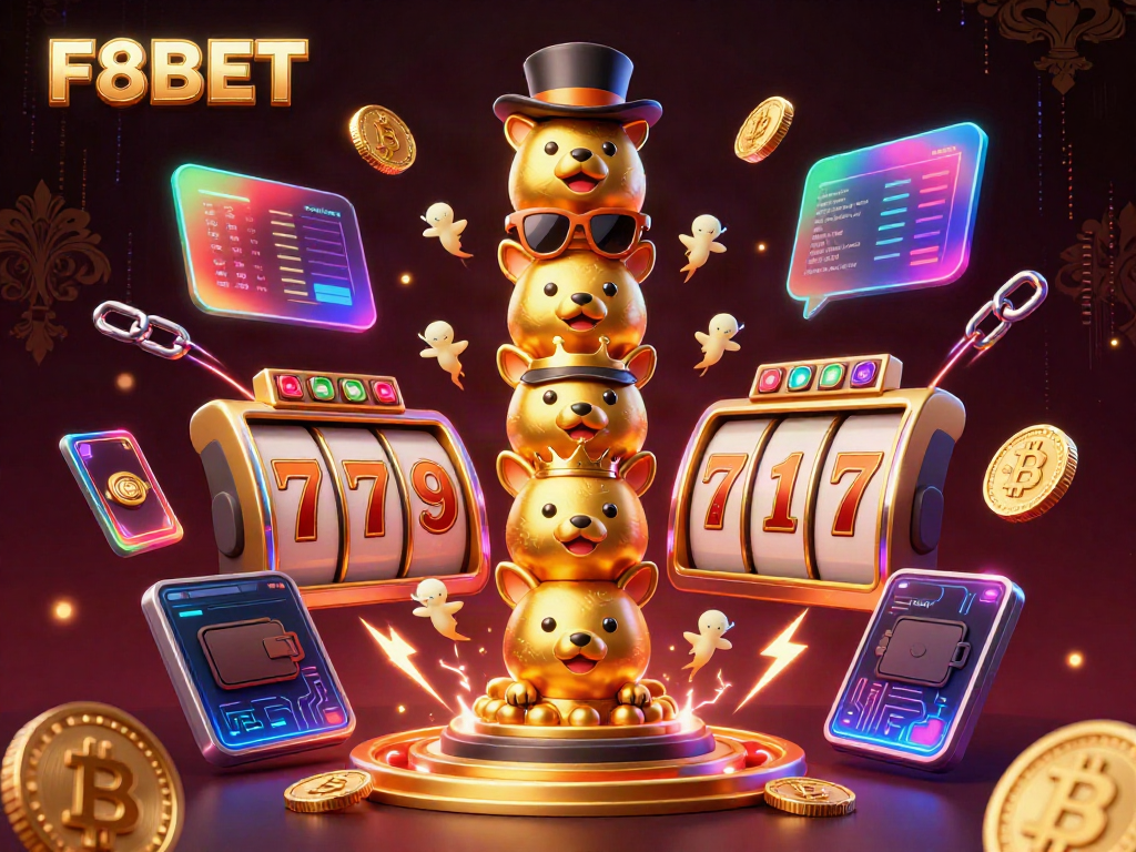 Experience an electrifying F8BET casino ambiance with dynamic slot reels, golden totem pole, and cryptocurrency visuals.