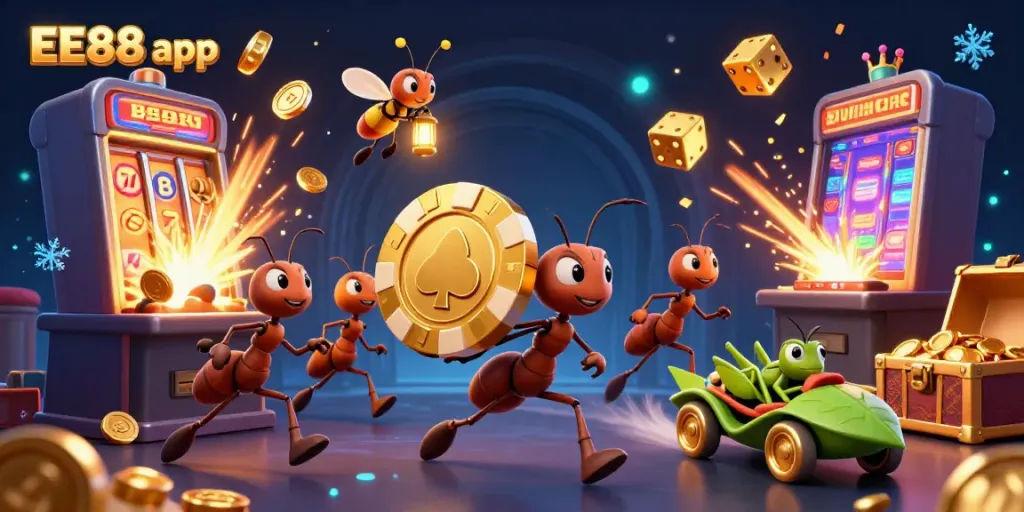 Experience the exciting EE88 app with a heist of cartoon ants carrying a golden poker chip amidst vibrant casino symbols and elements.