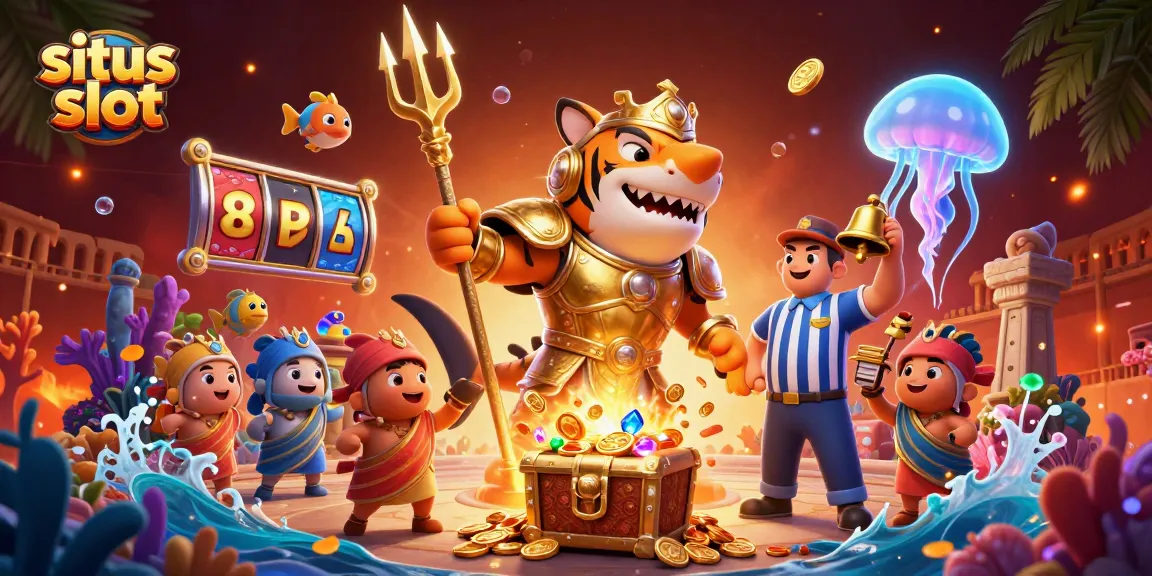 Engage in exciting gameplay with situs slot featuring a golden shark hero, underwater treasures, and vibrant casino elements.