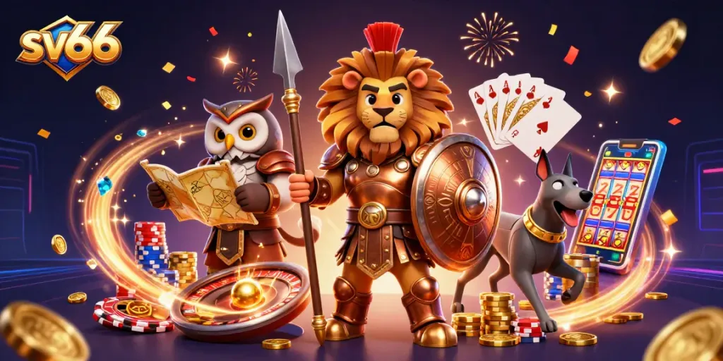 Join the excitement at sv66 with a vibrant 3D casino scene filled with gold coins, poker chips, and festive characters.