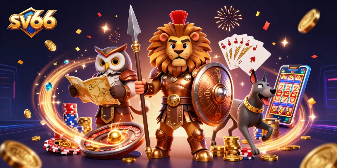 Join the excitement at sv66 with a vibrant 3D casino scene filled with gold coins, poker chips, and festive characters.