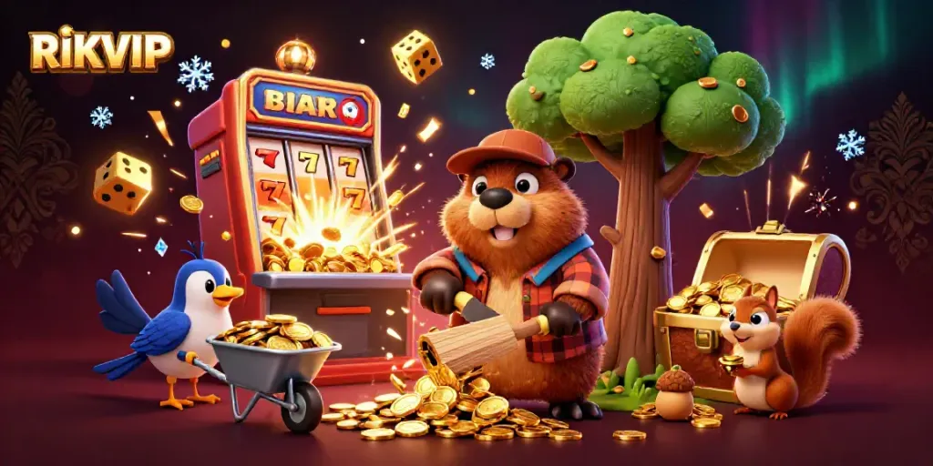 Engage with RIKVIP experience through a vibrant casino scene featuring a beaver, bird, and squirrel collecting coins.