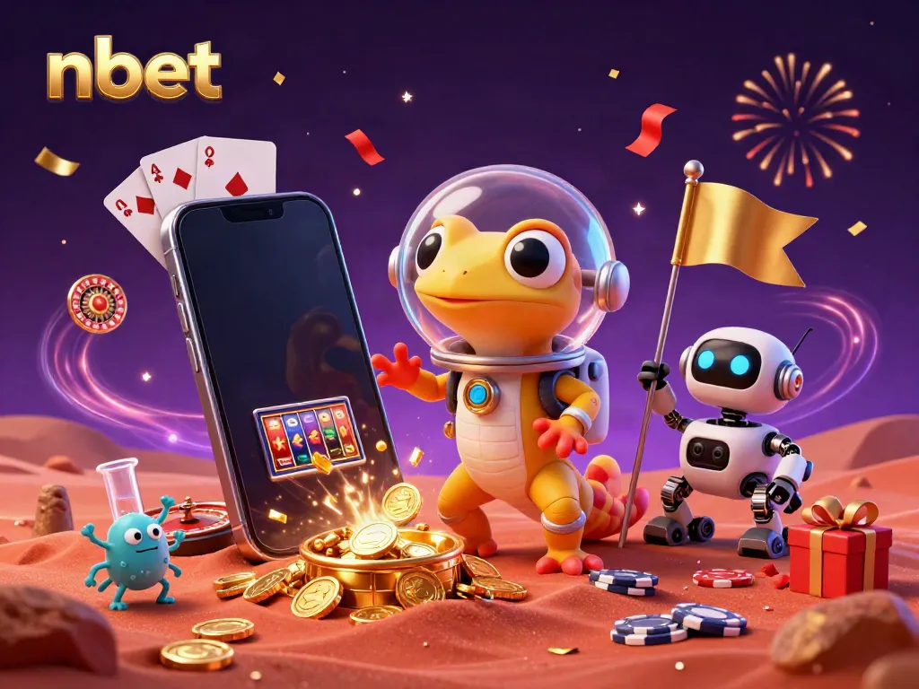 Play the exciting games at nbet, with a Martian gecko discovering a hidden treasure in this vibrant casino scene.