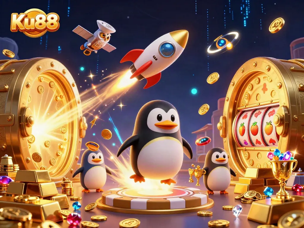 Bet big with Ku88 as a golden penguin blasts to a casino space station filled with treasures.