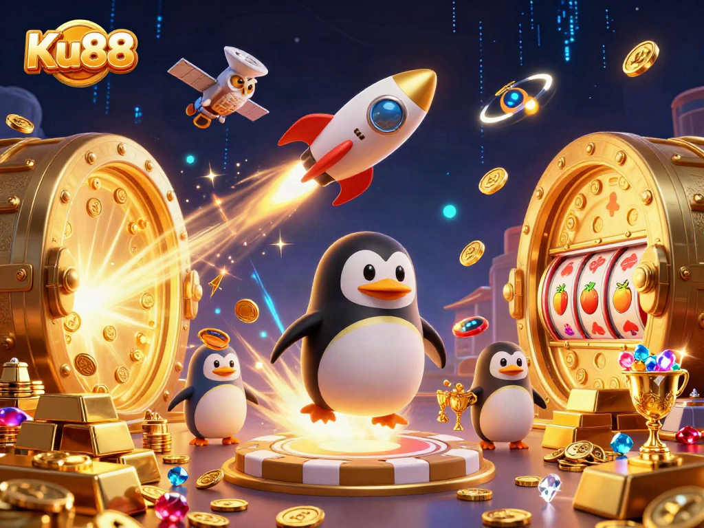 Bet big with Ku88 as a golden penguin blasts to a casino space station filled with treasures.