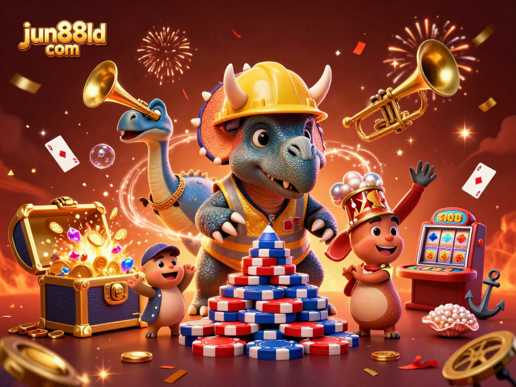 Experience the excitement of jun88ld com with a dynamic casino-themed illustration featuring engaging characters and vibrant game elements.