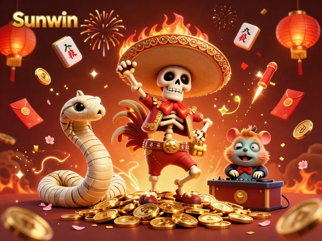 Experience Sunwin's vibrant casino atmosphere with festive characters celebrating amidst golden coins and exciting game elements.