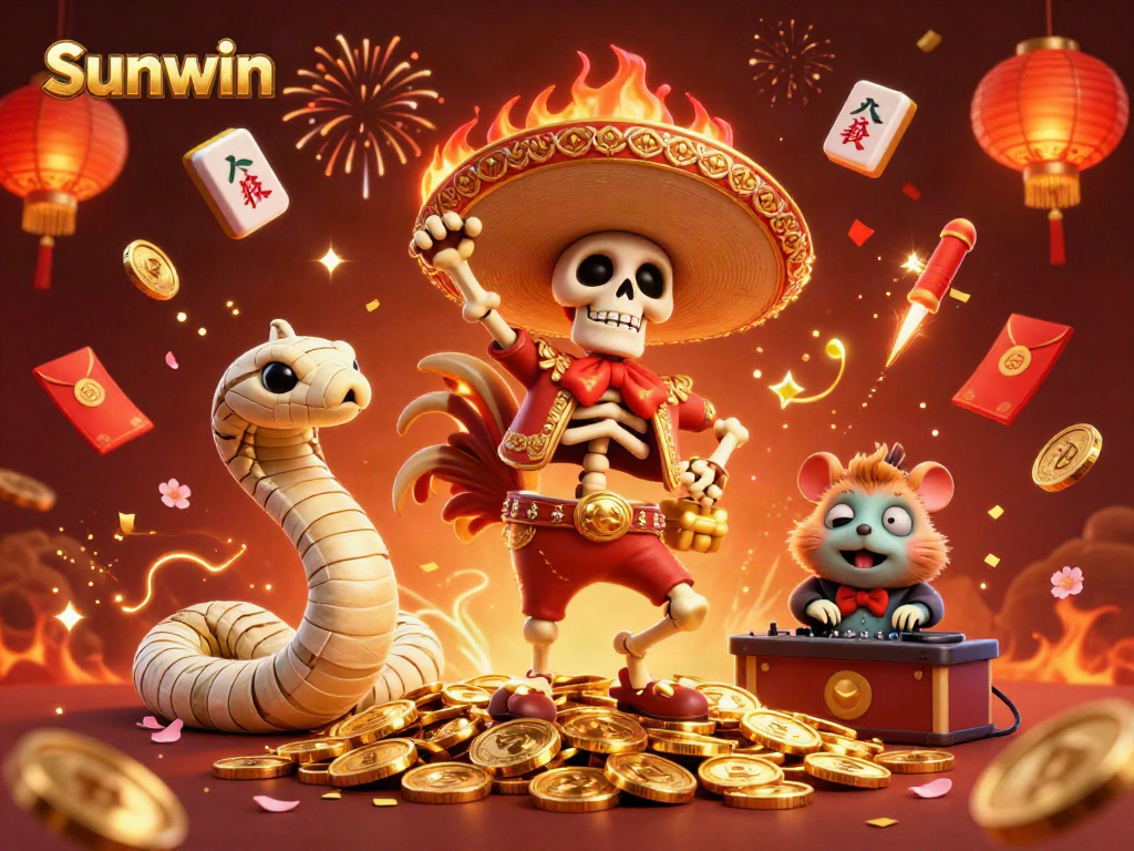 Experience Sunwin's vibrant casino atmosphere with festive characters celebrating amidst golden coins and exciting game elements.