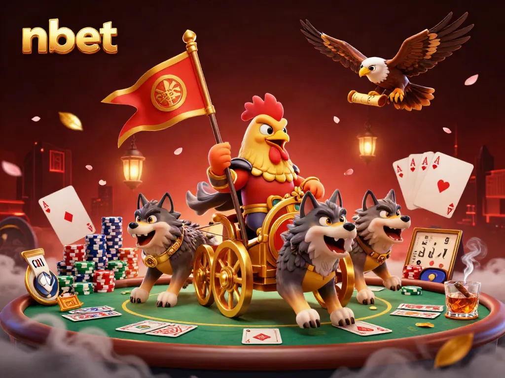 Engage in thrilling gameplay at nbet with a vivid 3D illustration of a rooster warlord in a dynamic casino scene.