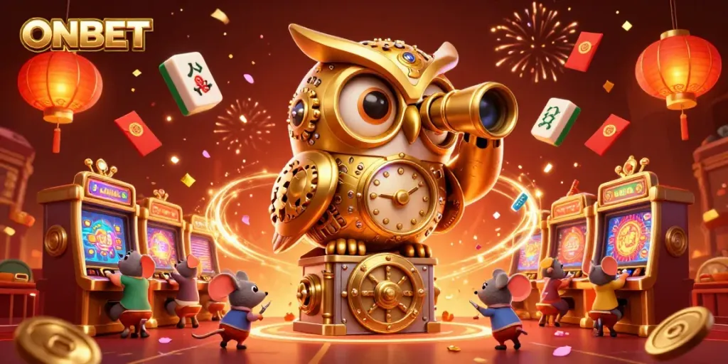 Experience the thrilling ONBET casino scene with dynamic characters and festive elements.