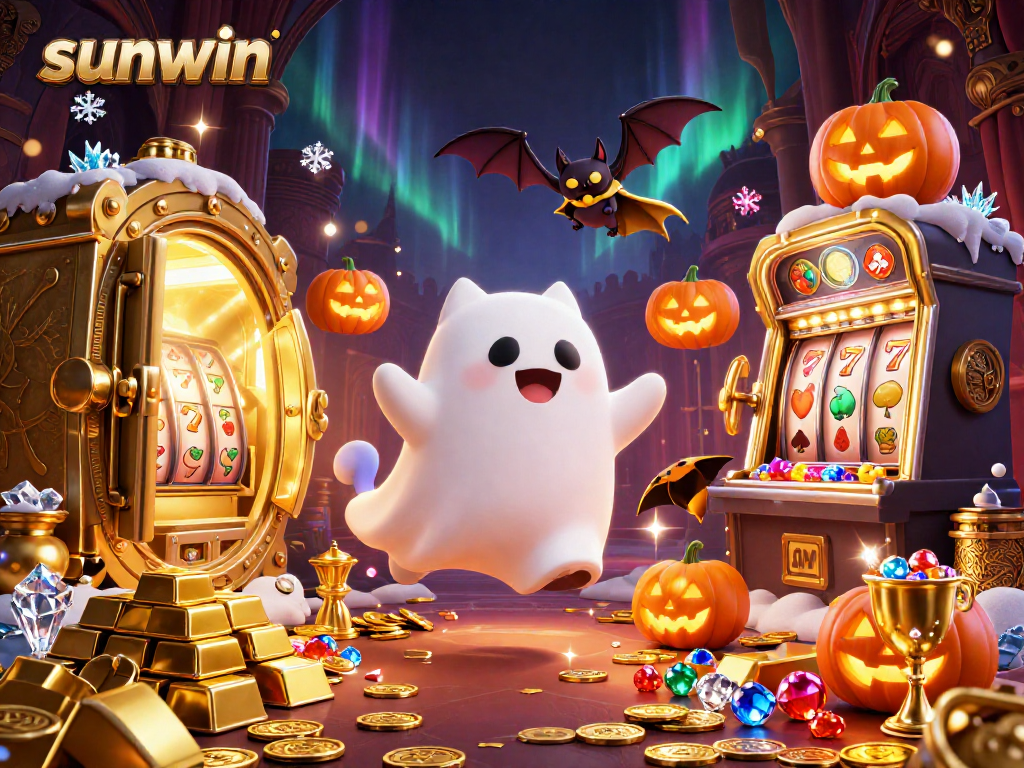 Engage with sunwin's vibrant casino scene featuring a ghost cat and vampiric bat amidst bright jackpots.