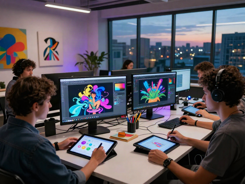 Creative team using NSFW AI tools to produce vibrant digital art in modern studio.