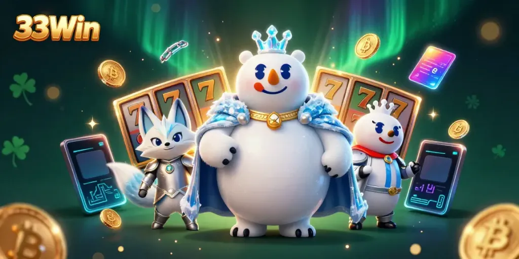 Experience the thrills of 33Win with a vibrant casino scene featuring dynamic gaming elements and enchanting characters.