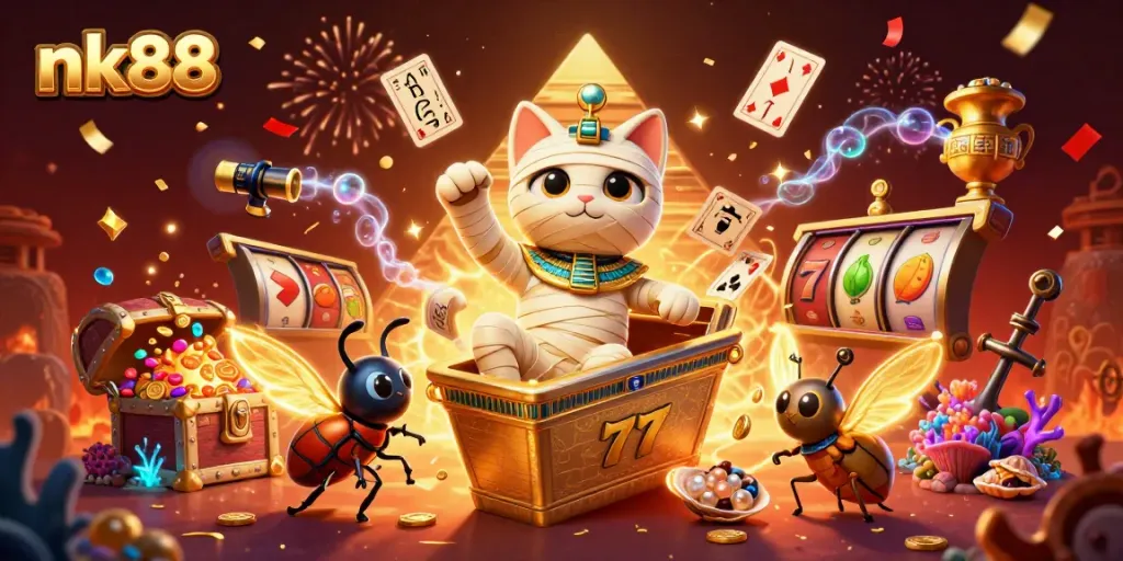 Experience the excitement of nk88 with a lively Egyptian mummy cat and treasures in a 3D casino world.