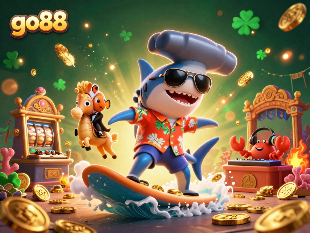 Join the action at go88, where a shark scores big amidst swirling gold coins and gambling excitement.