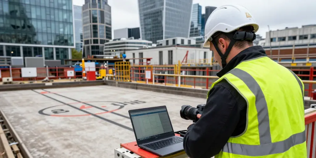 Underground Utility Survey London with professional surveyor using ground penetrating radar in urban setting.