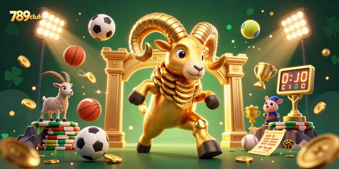 Experience the thrill of 789club with golden ram charging through a dynamic gambling scene enriched with sports elements.