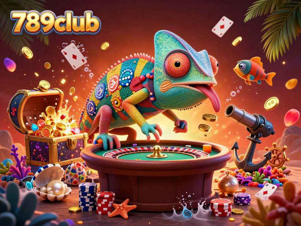 Experience the vibrant world of 789club with lively casino-themed 3D art featuring a colorful chameleon owner.