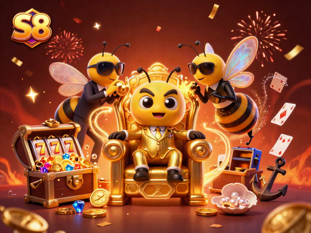 S8 reveals winning strategies in a vibrant 3D casino illustration filled with slot machine excitement.