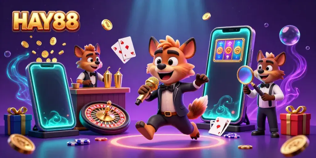 Hyenas entertain in a vibrant HAY88 casino scene, showcasing fun gaming elements.