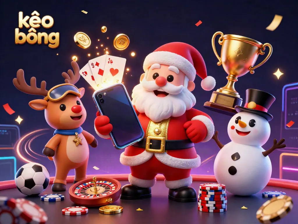 Engage with thrilling kèo bóng đá as Santa and friends celebrate with gaming elements in a vibrant casino scene.