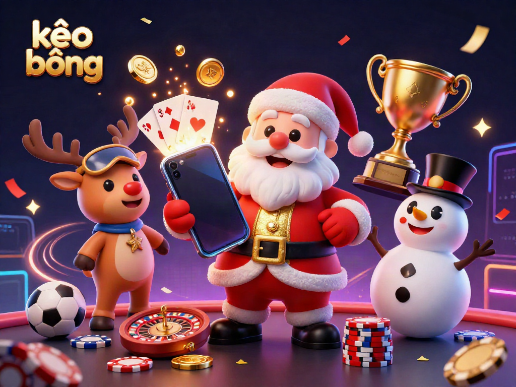 Engage with thrilling kèo bóng đá as Santa and friends celebrate with gaming elements in a vibrant casino scene.