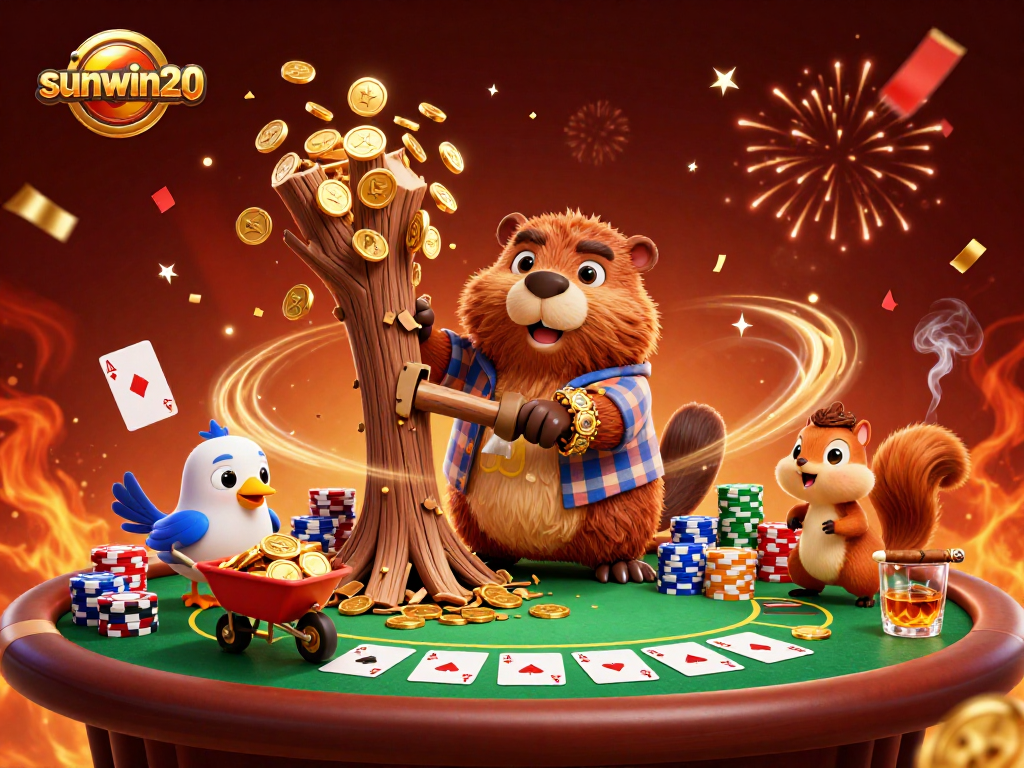 Engaging illustration of sunwin20 with a beaver, bird, and squirrel enjoying a vibrant casino scene.