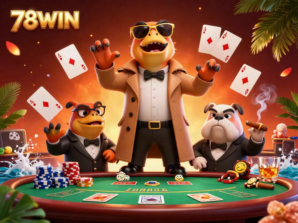 Immerse yourself in the vibrant world of 78WIN with raptors cleverly disguised as a tall player in a bustling casino.