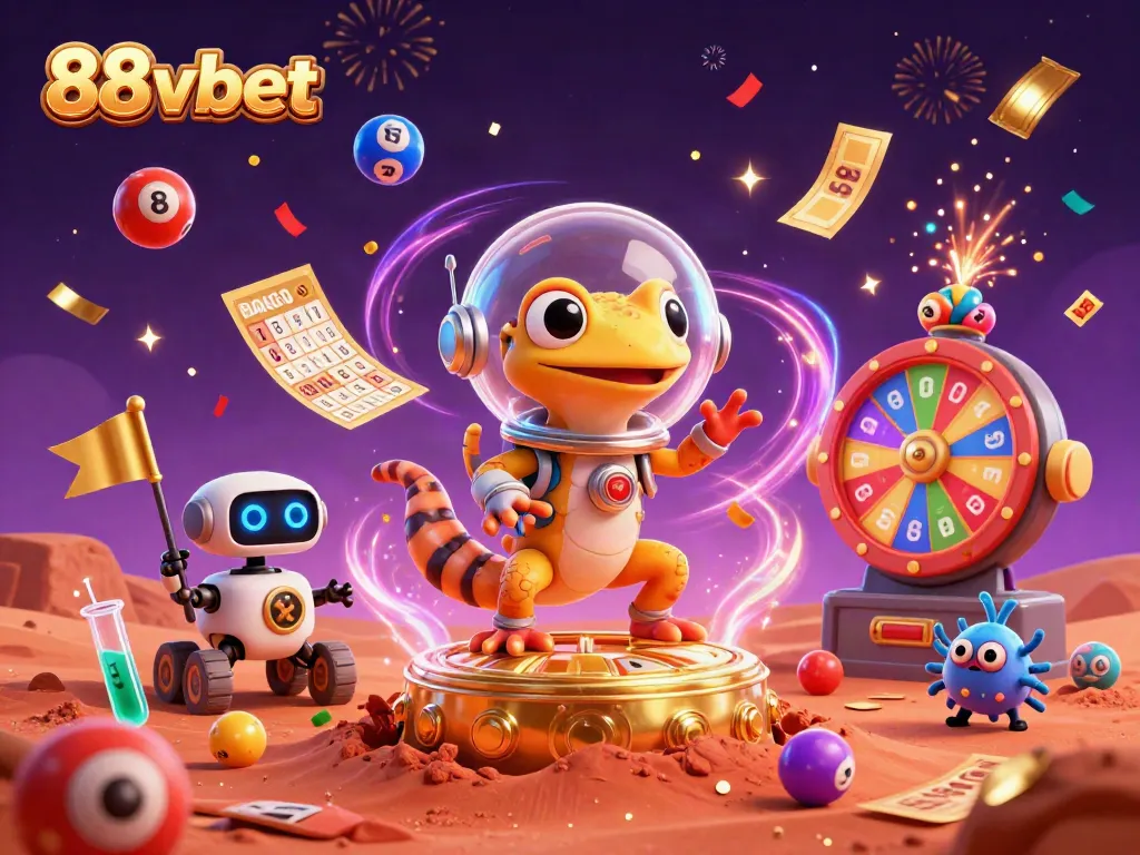 Engage with the dynamic gaming experience at 88vbet with Martian gecko and colorful lottery elements.