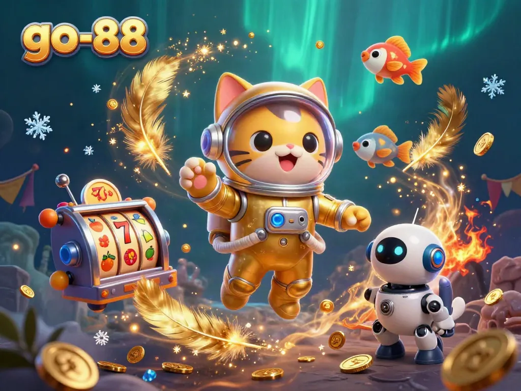 Experience the thrilling ambiance of go-88 with a dynamic astronaut cat and robot dog amidst golden gaming symbols.