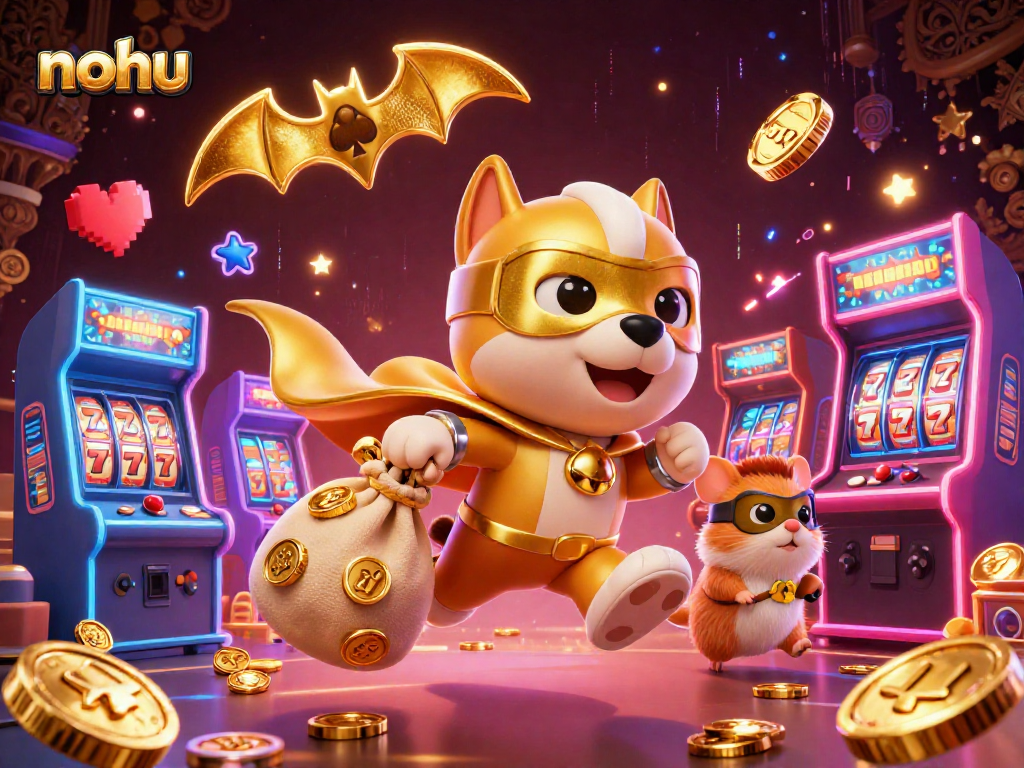 Nohu players spin slots and chase jackpots with colorful 3D arcade elements and a superhero dog soaring above.