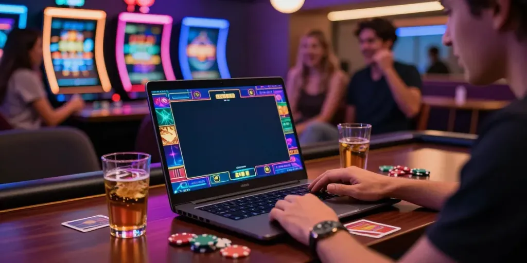Engaging gaming scene at a non Gamstop casino with vibrant graphics and exciting atmosphere.