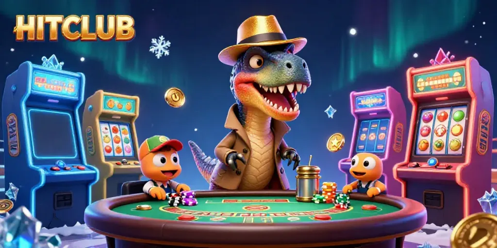 HITCLUB illustration of a clever velociraptor card counter at a blackjack table in a vibrant casino scene.