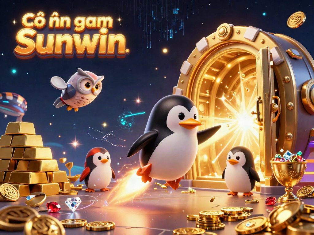 Engage with Cổng game Sunwin in a vibrant 3D world featuring a golden penguin and casino elements.