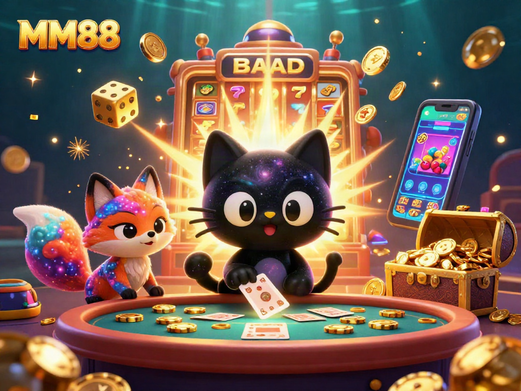 Experience the thrill of MM88 at a cosmic casino with a captivating black hole cat and vibrant galaxy fox.