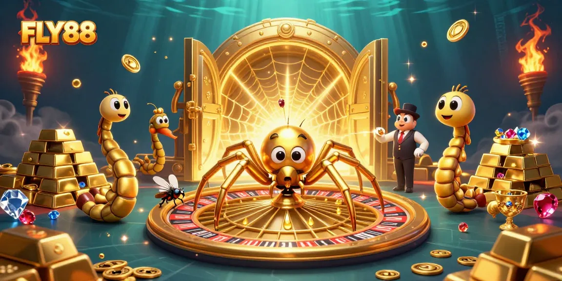 FLY88 delights players with a thrilling 3D casino scene featuring a roulette wheel and animated characters.