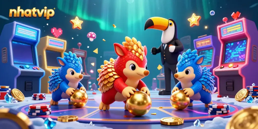 Engage with Nhatvip's vibrant 3D arena featuring rival pangolins and casino challenges.
