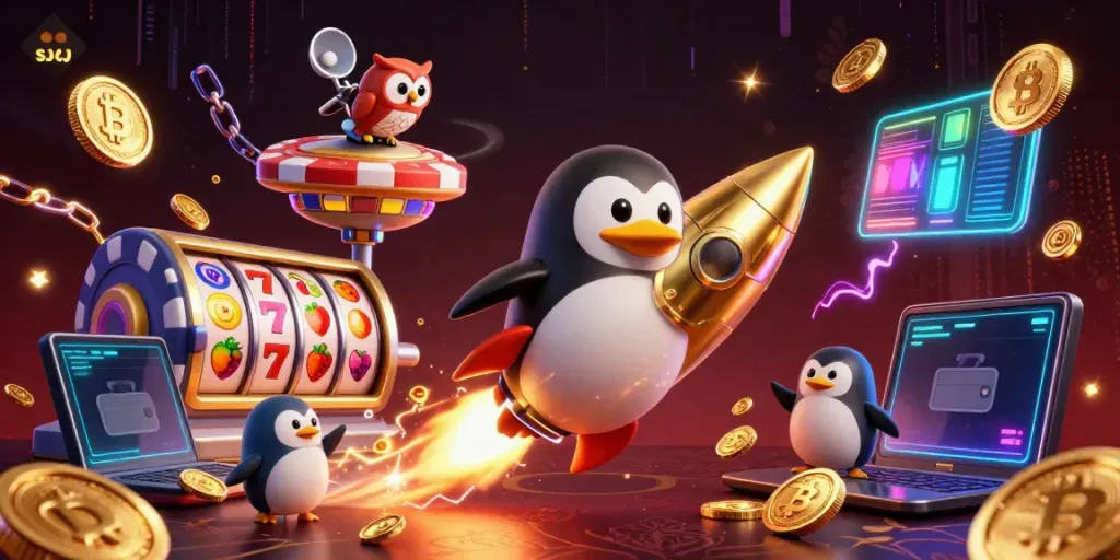Experience a vibrant slot-themed scene with a penguin, space poker chip, and crypto coins.
