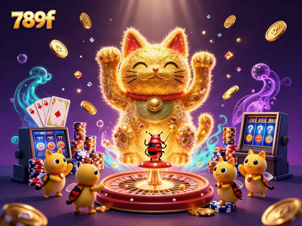 Experience winning excitement with 789f's animated lucky cat and casino elements in a vibrant 3D scene.