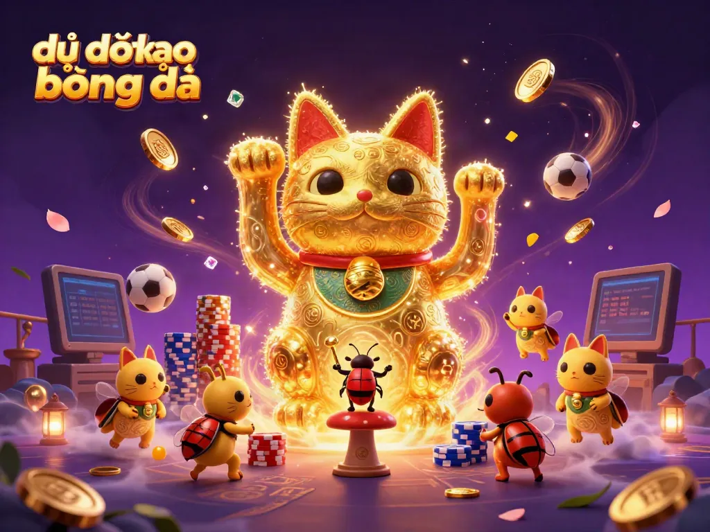 Engaging 3D visualization of dự đoán kèo bóng đá featuring a waving lucky cat surrounded by sports betting elements and golden coins.