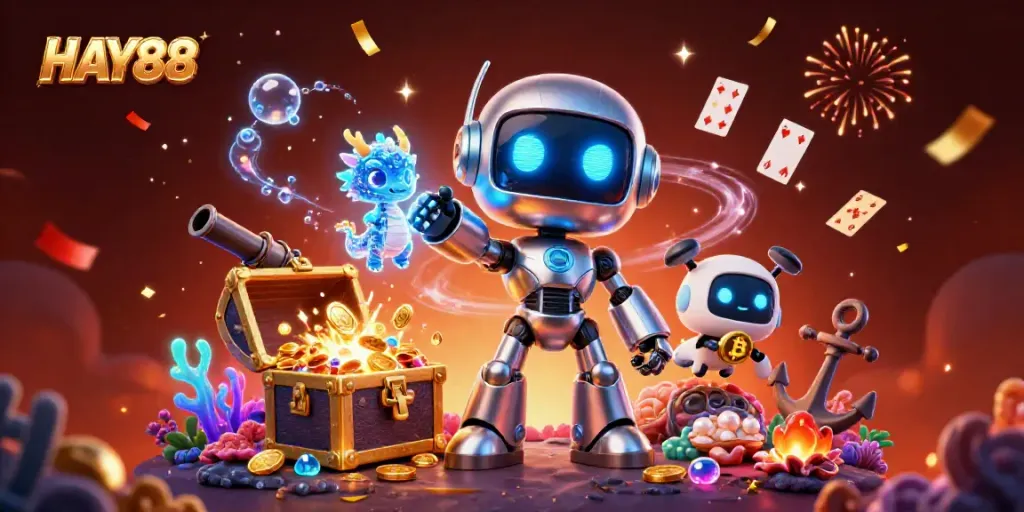 Experience HAY88 with a vibrant scene of luck and excitement, featuring themed characters and treasures.