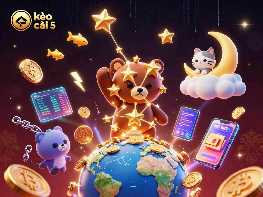 Bet on kèo nhà cái 5 with vibrant 3D illustration featuring a constellation bear and crypto elements