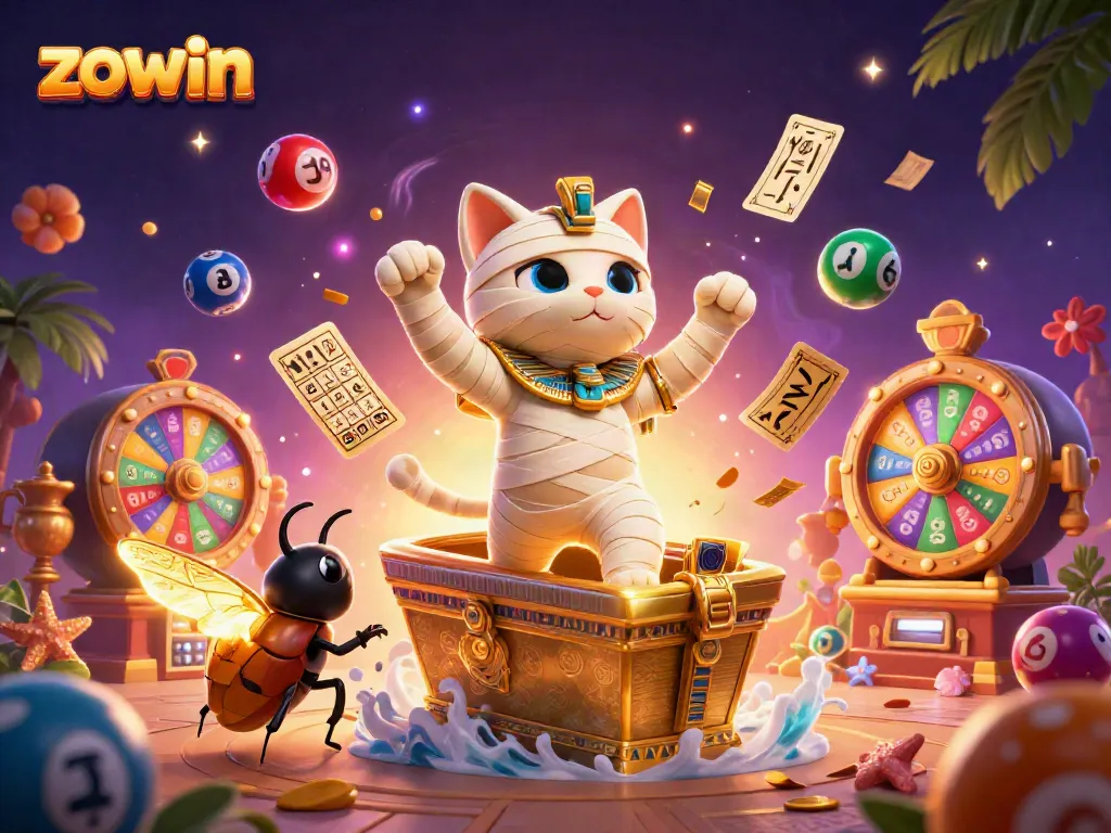 Experience the thrill of zowin with a vibrant 3D scene featuring a mummy cat in a casino environment surrounded by dynamic gaming elements.
