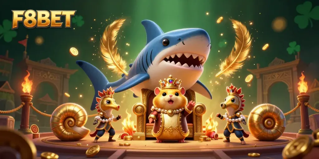 Experience exhilarating games at F8BET with the golden hamster king ruling over a dramatic casino scene.