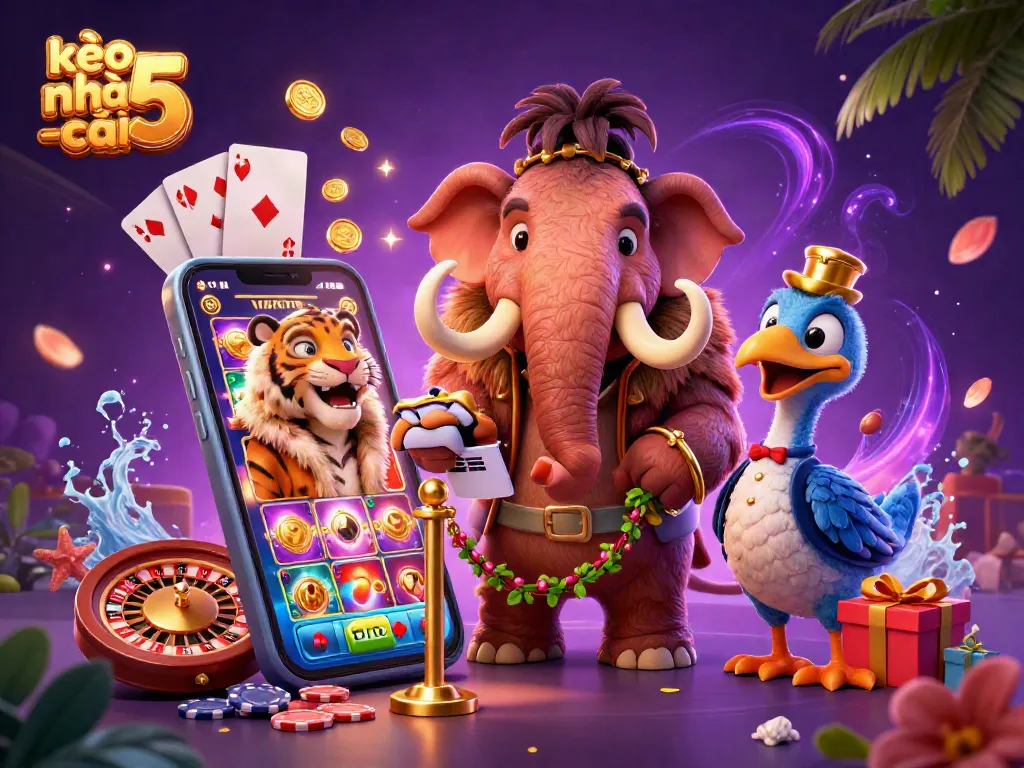 Engage in thrilling sports betting excitement with kèo nhà cái 5, featuring vibrant casino characters and dynamic game elements.