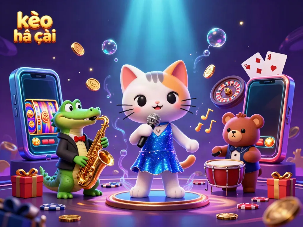 Experience kèo nhà cái action with a lively scene of a cat singer, crocodile saxophonist, and bear drummer in a casino.