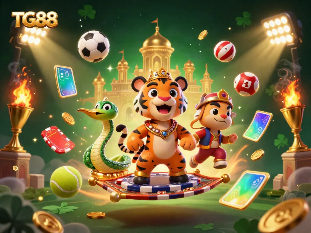 Experience thrilling gambling action at TG88 with a vibrant 3D cartoon scene of a tiger sultan on a flying carpet.